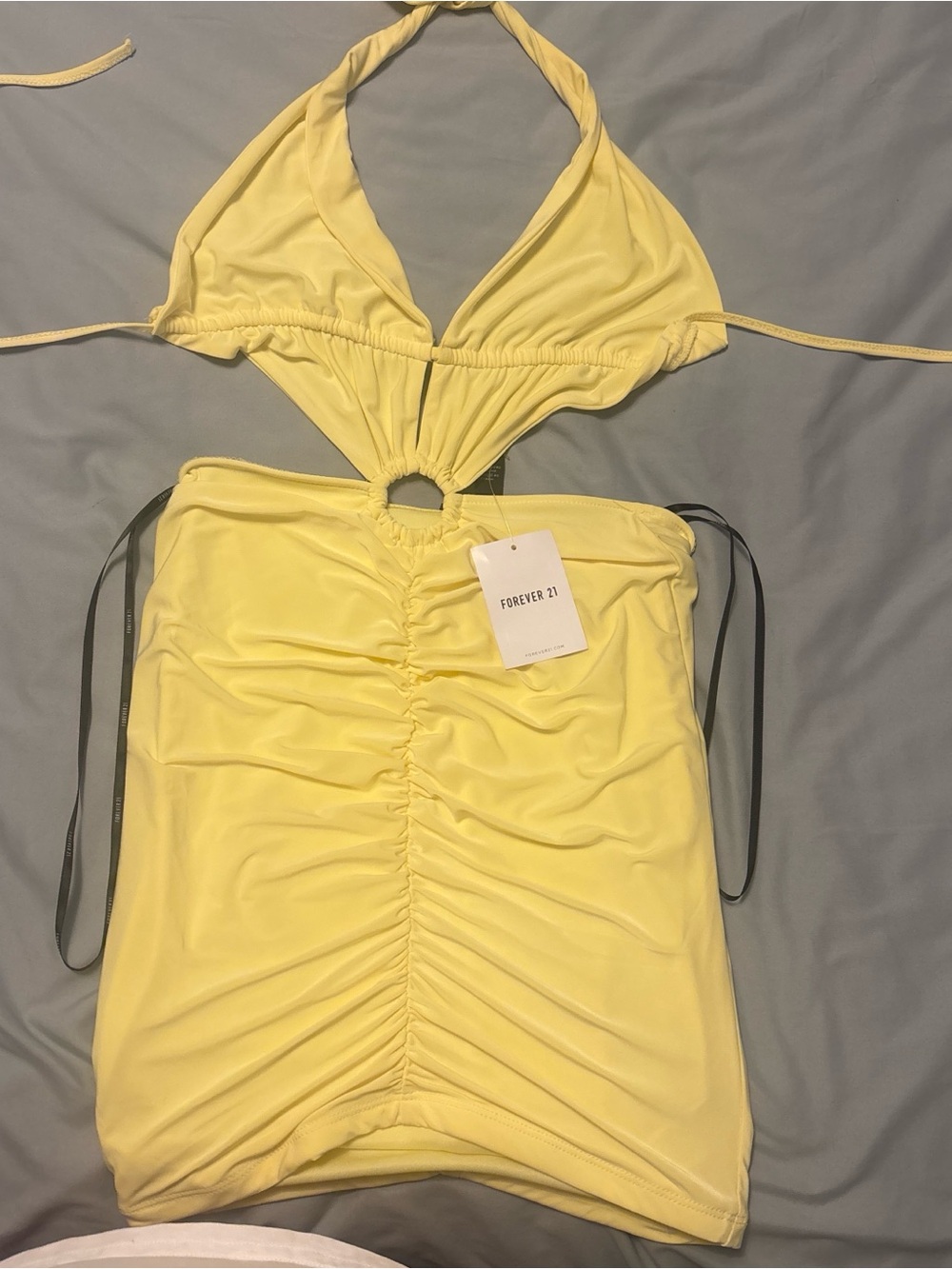 Forever 21 Pale Yellow Halter Ring-Front Mini Dress
